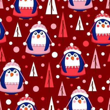 Pembe, kırmızı ve beyaz süveter, şapka ve etek giyen mavi yavru penguenler. Kestane rengi arka plan. Ağaçlar. Mutlu noeller. Duvar kağıdı, tekstil, hatıra defteri ve ambalaj kağıdı.