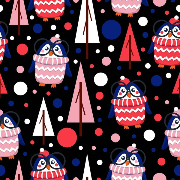 Бесшовный Рисунок Голубых Пингвинов Розовых Красных Белых Шляпах Свитерах Умный — стоковый вектор