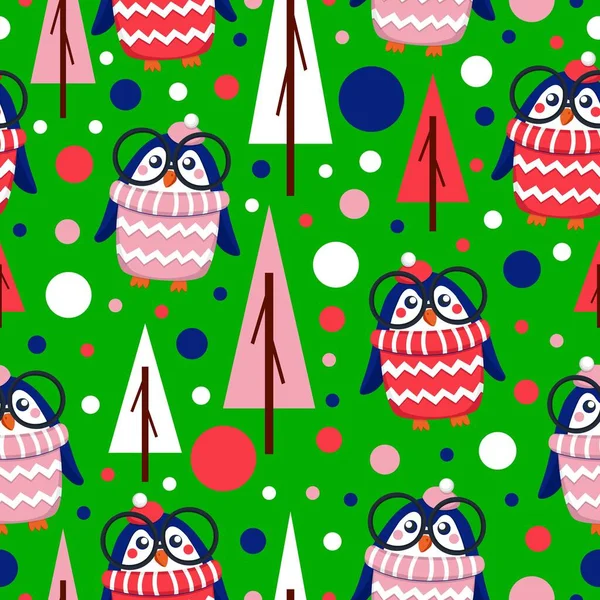 Seamless pattern blue baby penguins in pink, red, white hats and sweaters. Clever child in glasses. Green background. Fir trees. Merry Christmas. Wallpaper, textile, scrapbooking and wrapping paper