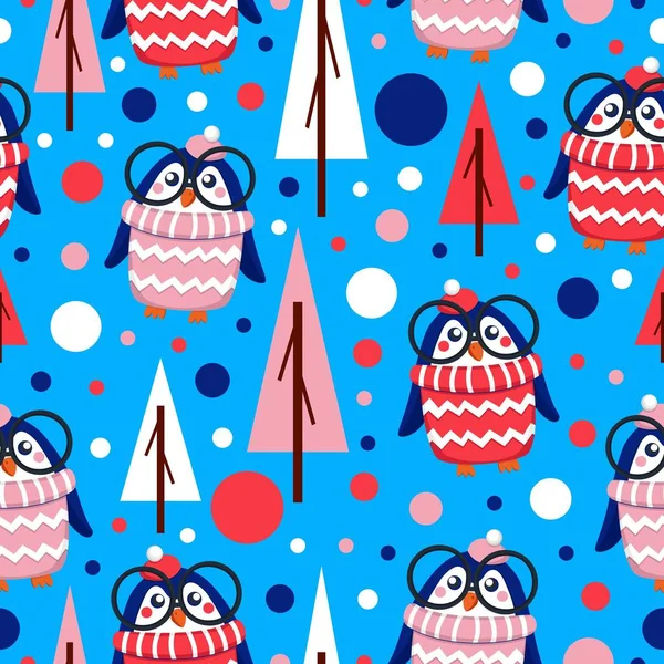 Seamless pattern blue baby penguins in pink, red, white hats and sweaters. Clever child in glasses. Blue background. Fir trees. Merry Christmas. Wallpaper, textile, scrapbooking and wrapping paper