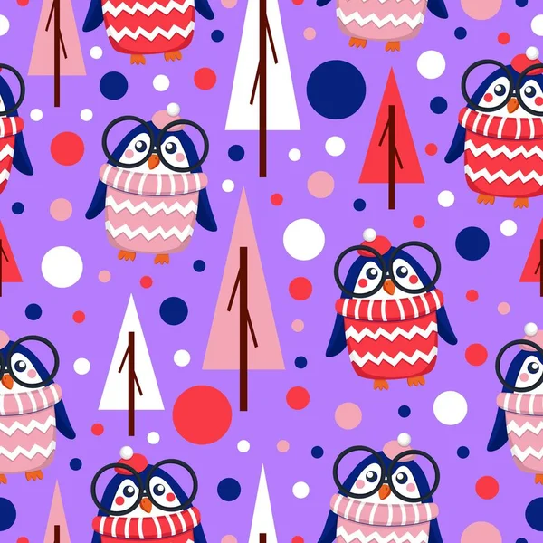 Modèle Sans Couture Bleu Bébé Pingouins Rose Rouge Chapeaux Blancs — Image vectorielle