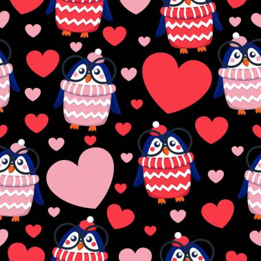 Sevgililer Günü. Kalpleri ve pembe, kırmızı, beyaz şapkalı ve kazaklı mavi yavru penguenleri olan kusursuz bir desen. Gözlüklü çocuk. Pembe arka plan. Duvar kağıdı, tekstil, hatıra defteri ve ambalaj kağıdı.