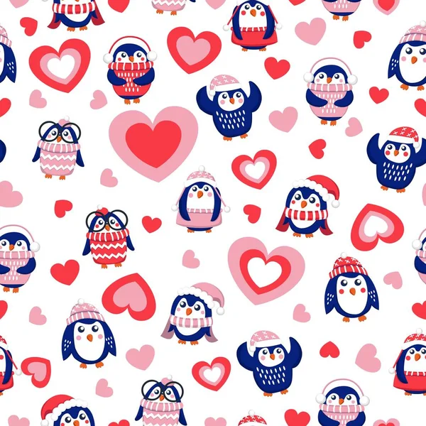 Valentijnsdag Naadloos Patroon Blauwe Baby Pinguïns Met Roze Rode Witte — Stockvector