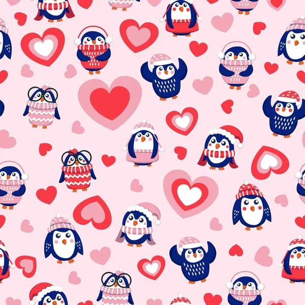 Saint Valentin Modèle Sans Couture Bleu Bébé Pingouins Portant Des — Image vectorielle