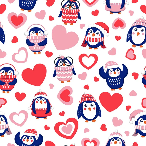 Día San Valentín Patrón Sin Costuras Pingüinos Bebé Azul Con — Archivo Imágenes Vectoriales