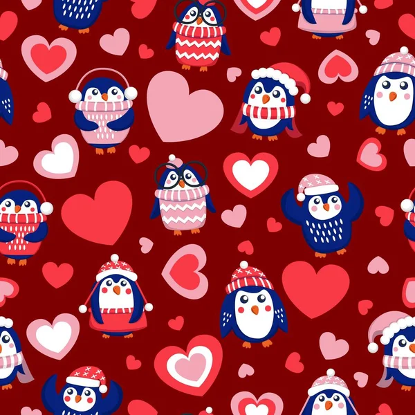 Valentijnsdag Naadloos Patroon Blauwe Baby Pinguïns Met Roze Rode Witte — Stockvector