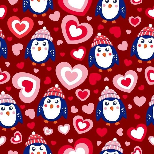Svatého Valentýna Bezproblémový Vzor Srdcem Modrými Tučňáčky Sobě Růžové Červené — Stockový vektor