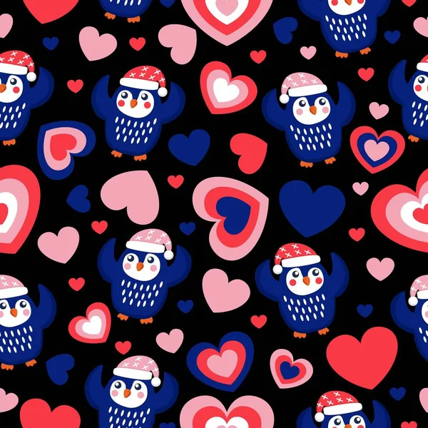 Valentijnsdag Naadloos Patroon Met Hartjes Blauwe Baby Pinguïns Met Roze — Stockvector