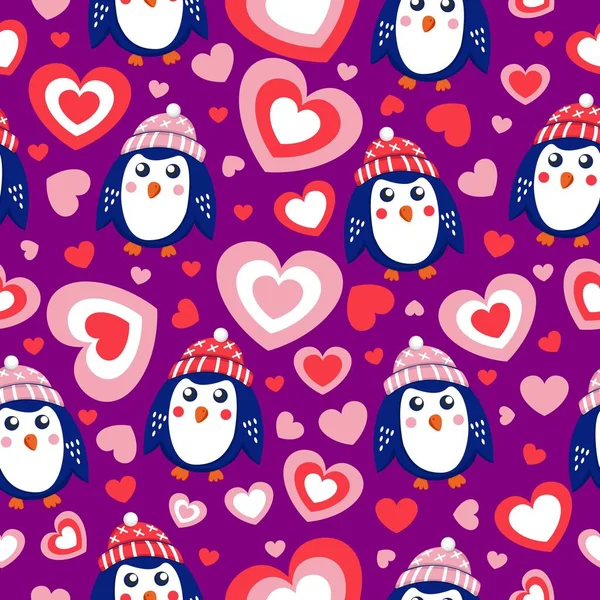 Día San Valentín Patrón Sin Costuras Con Corazones Pingüinos Bebé — Archivo Imágenes Vectoriales