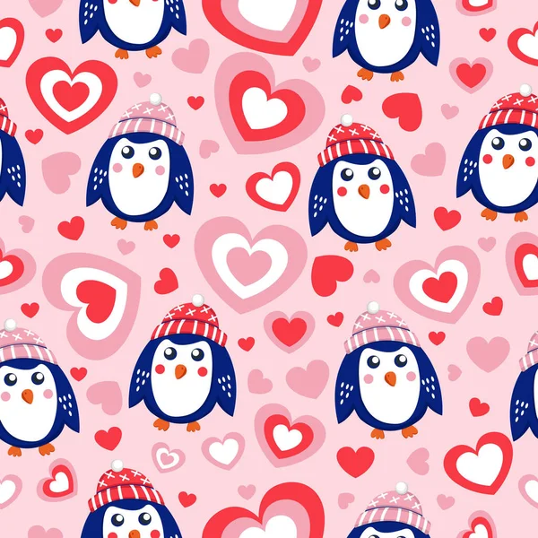 Día San Valentín Patrón Sin Costuras Con Corazones Pingüinos Bebé — Archivo Imágenes Vectoriales