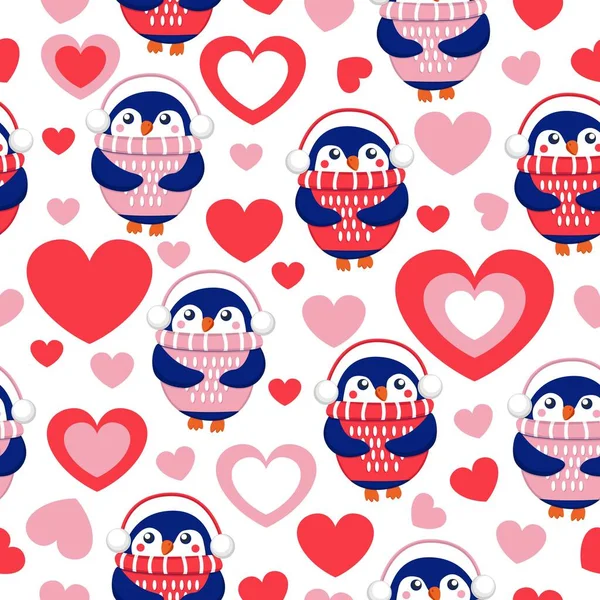 Valentinstag Nahtloses Muster Mit Herzen Und Blauen Baby Pinguinen Rosa — Stockvektor