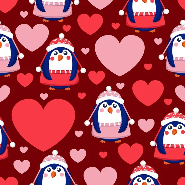 Día San Valentín Patrón Sin Costuras Con Corazones Pingüinos Bebés — Archivo Imágenes Vectoriales