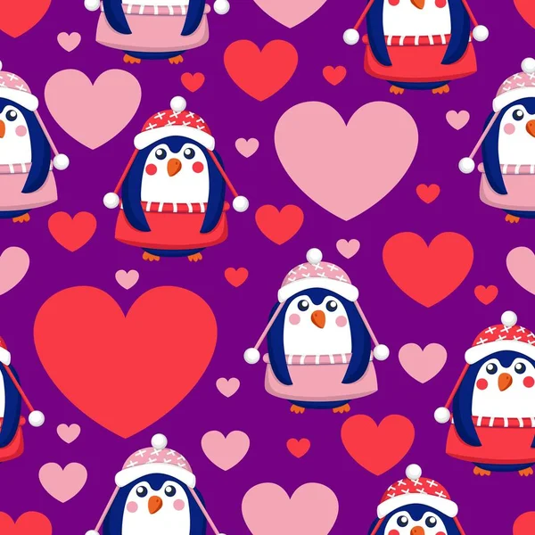 День Святого Валентина Бесшовный Рисунок Червями Голубыми Пингвинами Розовых Красных — стоковый вектор
