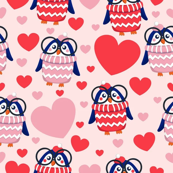 St Valentine's Day. Seamless pattern with hearts and blue baby penguins in pink, red, white hats and sweaters. Child in glasses. Pink background. Wallpaper, textile, scrapbooking and wrapping paper
