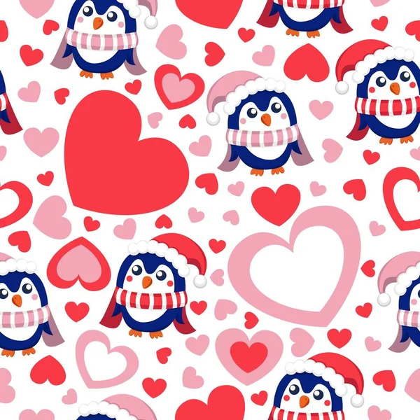 Día San Valentín Patrón Sin Costuras Con Corazones Pingüinos Bebés — Archivo Imágenes Vectoriales