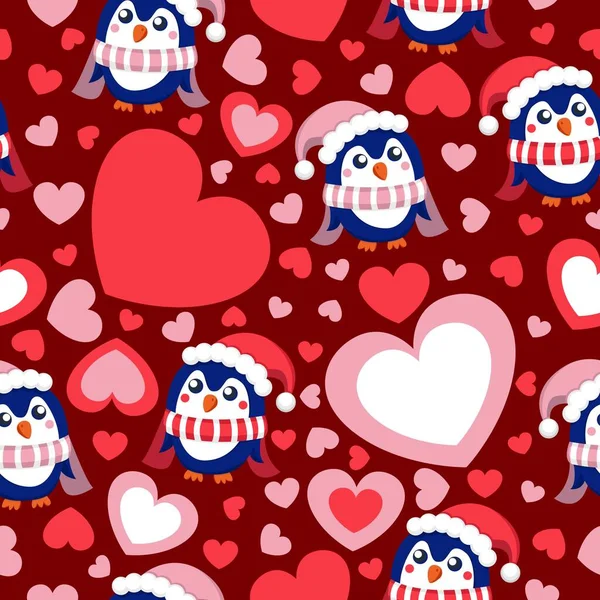 Día San Valentín Patrón Sin Costuras Con Corazones Pingüinos Bebés — Archivo Imágenes Vectoriales