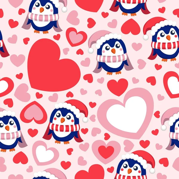 Valentijnsdag Naadloos Patroon Met Hartjes Blauwe Pinguïns Die Roze Rode — Stockvector