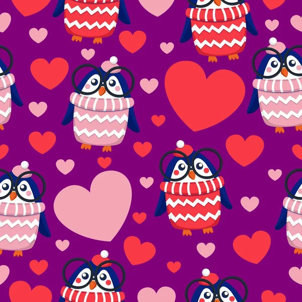 Valentine Day Seamless Pattern Hearts Blue Baby Penguins Pink Red — Stock Vector