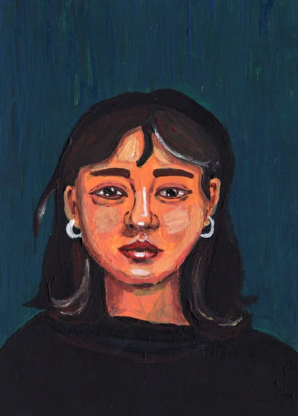 Ručně Kreslený Portrét Dívky Věk Let Asijská Mladá Dáma Černé — Stock fotografie