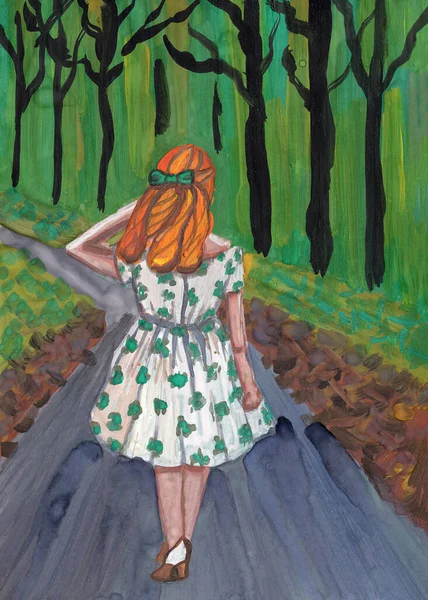 Ручная Рисованная Акриловая Масляная Гуашская Живопись Европейская Девушка Стоящая Спиной — стоковое фото