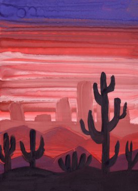 El yapımı akrilik, yağ ya da guaj resmi. Gökyüzünde mor ve kırmızı güneş batıyor. Pembe şehir silueti. Mor çöl kumulları. Siyah kaktüsler. Dokulu arka plan. Doğa ve ekoloji. Posta kartları ve posterler
