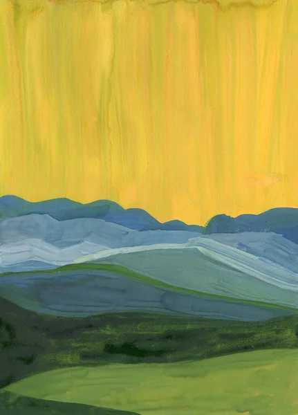 手绘丙烯酸 油画或水粉画 黄色阳光普照的天空蓝色 白色和绿色的山的轮廓 绿地或草地纹理背景 自然与生态 明信片 — 图库照片