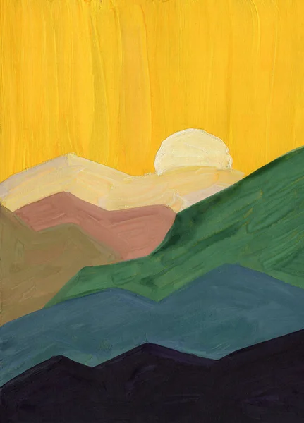 Hand Drawn Acrylic Oil Gouache Painting Yellow Sunny Sky Brown — Stock Photo, Image