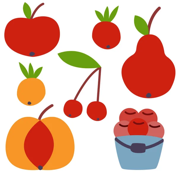 Sammlung Mit Obst Und Gemüse Isoliert Apfel Birne Kirsche Und — Stockvektor