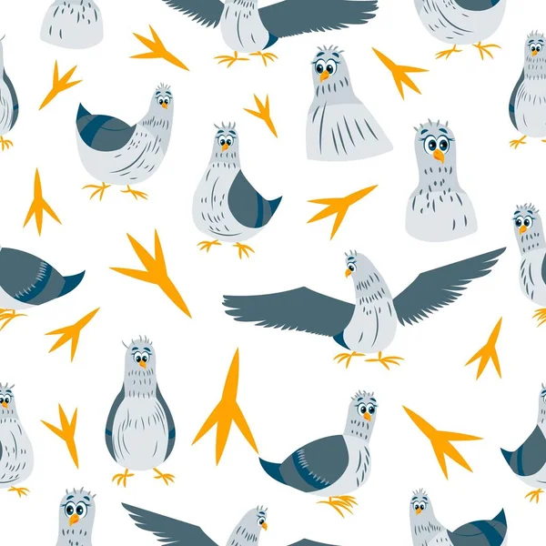 Seamless pattern with pigeon birds. White background. Green gray doves. Spreaded wings. Flat cartoon character design. Cute and funny. Post card, textile, wallpaper, scrapbooking and wrapping paper