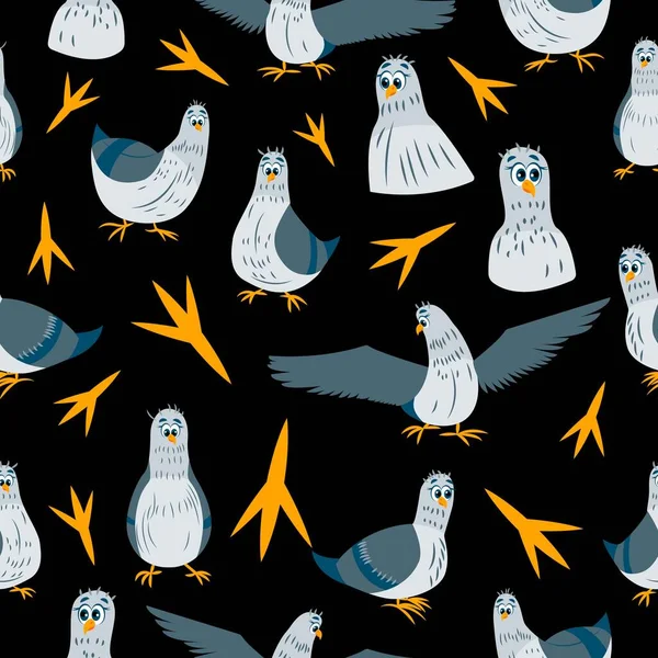 Seamless pattern with pigeon birds. Black background. Green gray doves. Spreaded wings. Flat cartoon character design. Cute and funny. Post card, textile, wallpaper, scrapbooking and wrapping paper
