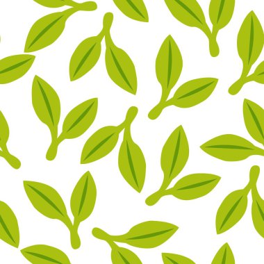 Yeşil duble yapraklı kusursuz desen. Beyaz arka plan. Sonbahar, bahar ya da yaz. Doğa ve ekoloji. Paket tasarımı ve ambalaj kağıdı için. Duvar kağıdı, hatıra defteri, tekstil ve kartpostallar için.