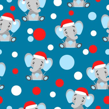 Kusursuz desen. - Mutlu yıllar. Kırmızı Noel şapkalı bebek fil çizgi filmi. Beyaz, kırmızı ve mavi konfeti. Turkuaz mavi arka plan. Posta kartları, duvar kağıtları, tekstil, hatıra defteri ve ambalaj kağıdı.