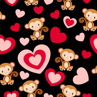 Kusursuz desen. Sevgililer Günü. Bebek maymun gülümsüyor. Çizgi film tarzı. Sevimli ve komik. Kırmızı ve pembe kalpler. Pembe arka plan. Posta kartları, duvar kağıtları, tekstil, hatıra defteri ve ambalaj kağıdı.