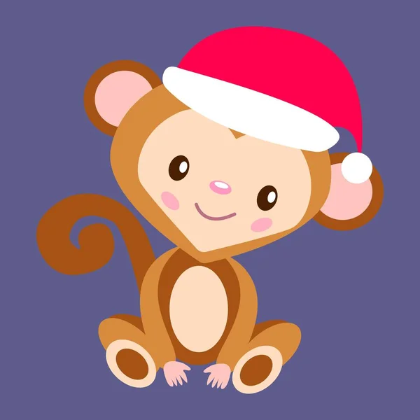 Merry Christmas Happy New Year Baby Monkey Red Christmas Hat — Stock Vector