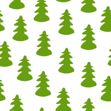 Yeşil köknar ağaçlarıyla vektörsüz desen. Kahverengi sandık. Beyaz arka plan. Çizgi film tarzı. Bahar ve yaz. Doğa ve ekoloji. Posta kartları, duvar kağıtları, ambalaj kağıtları, hatıra defteri ve tekstil.
