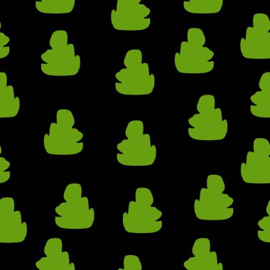 Yeşil ağaçlar ve çalılarla vektörsüz desen. Siyah arka plan. Çizgi film tarzı. Bahar ve yaz. Doğa ve ekoloji. Posta kartları, duvar kağıtları, ambalaj kağıtları, hatıra defteri, tekstil. Vejetaryen