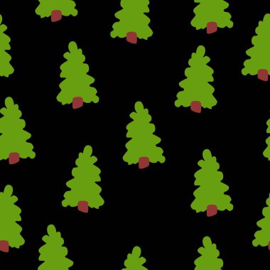 Yeşil köknar ağaçlarıyla vektörsüz desen. Kahverengi sandık. Siyah arka plan. Çizgi film tarzı. Bahar ve yaz. Doğa ve ekoloji. Kartpostallar, duvar kağıtları, ambalaj kağıtları, hatıra defterleri, tekstil...