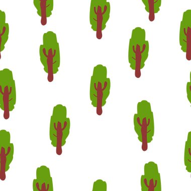 Yeşil yaprak döken ağaçlarla kusursuz bir desen. Kahverengi sandık. Beyaz arka plan. Çizgi film tarzı. Bahar ve yaz. Doğa ve ekoloji. Posta kartları, duvar kağıtları, ambalaj kağıtları, hatıra defteri, tekstil