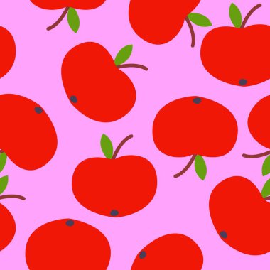 Kusursuz desen. Kırmızı elma. Yeşil yaprak. Pembe arka plan. Vejetaryen ya da vejetaryen. Sağlıklı bir yaşam tarzı. Doğa ve ekoloji. Tarım ve bahçıvanlık. Posta kartları, duvar kağıtları, tekstil, ambalaj kağıtları, baskı