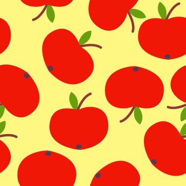 Kusursuz desen. Kırmızı elma. Yeşil yaprak. Sarı arka plan. Vejetaryen ya da vejetaryen. Sağlıklı bir yaşam tarzı. Doğa ve ekoloji. Tarım ve bahçıvanlık. Posta kartları, duvar kağıtları, tekstil, ambalaj kağıtları, baskı