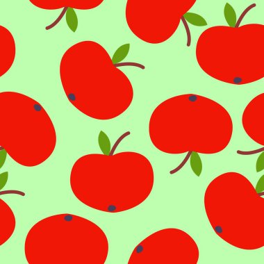 Kusursuz desen. Kırmızı elma. Yeşil yaprak. Yeşil arka plan. Vejetaryen ya da vejetaryen. Sağlıklı bir yaşam tarzı. Doğa ve ekoloji. Tarım ve bahçıvanlık. Posta kartları, duvar kağıtları, tekstil, ambalaj kağıtları, baskı