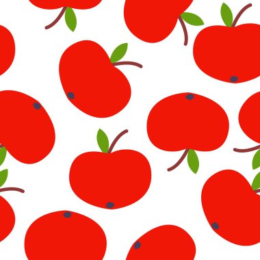 Kusursuz desen. Kırmızı elma. Yeşil yaprak. Beyaz arka plan. Vejetaryen ya da vejetaryen. Sağlıklı bir yaşam tarzı. Doğa ve ekoloji. Tarım ve bahçıvanlık. Posta kartları, duvar kağıtları, tekstil, ambalaj kağıtları, baskı
