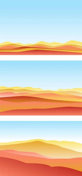 波と風景のセット 青い太陽が空を照らした オレンジ ピンクと赤の山のシルエット 砂漠の砂丘 自然と生態学 水平方向 ソーシャルメディアやポストカードやポスター — ストックベクタ
