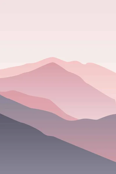 波と風景 パステルピンクの太陽が空を設定します ピンク 灰色の山のシルエット 砂霧の砂漠の砂丘 自然と生態学 垂直方向 ソーシャルメディア ポストカード ポスターの場合 — ストックベクタ