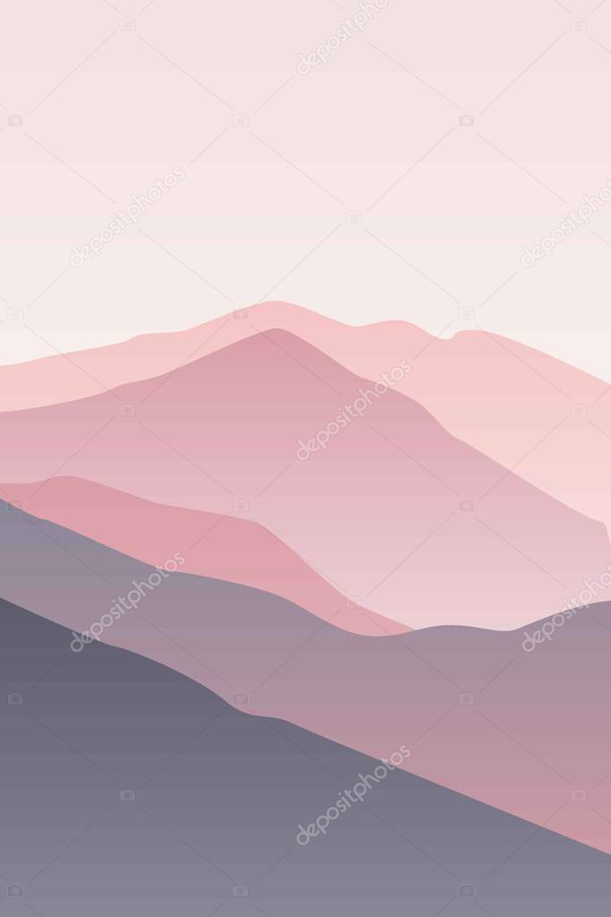 Landscape with waves. Pastel pink sun set sky. Purple, pink and gray mountains silhouette. Sandy foggy desert dunes. Nature and ecology. Vertical orientation. For social media, post cards and posters