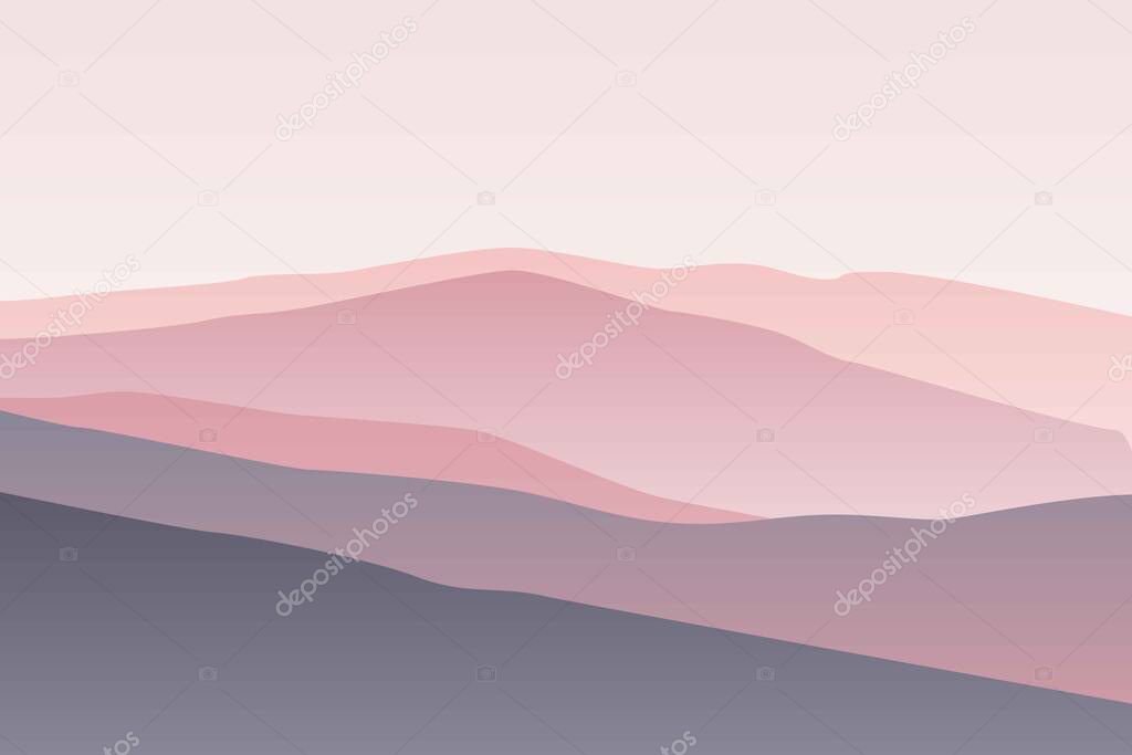 Landscape with waves. Pastel pink sun set sky. Purple, pink and gray mountains silhouette. Sandy foggy desert dunes. Nature and ecology. Horizonal orientation. For social media, post cards and posters