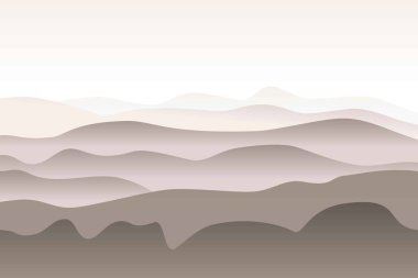 Dalgalı tek renkli manzara. Güneş gökyüzünde battı. Sıcak gri ve bej rengi sisli dağ silueti. Kumlu çöl kumulları. Doğa ve ekoloji. Yatay oryantasyon. Sosyal medya, kartpostallar ve posterler için