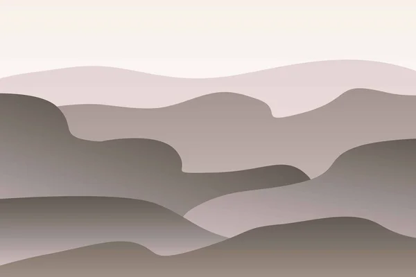 波とモノクロームの風景 太陽が空を沈めた 暖かい灰色とベージュ霧の山のシルエット 砂漠の砂丘 自然と生態学 水平方向 ソーシャルメディア ポストカード ポスターの場合 — ストックベクタ