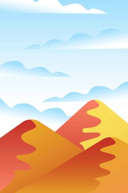 Dalgalı bir manzara. Mavi güneş gökyüzünde batıyor. Sarı, turuncu, pembe ve kırmızı dağ silueti. Kumlu çöl kumulları. Doğa ve ekoloji. Dikey oryantasyon. Sosyal medya, kartpostallar ve posterler için