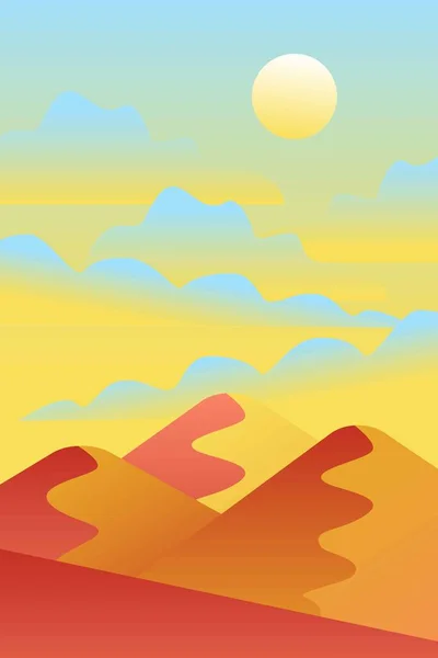 波と風景 青い太陽が空を照らした オレンジ ピンクと赤の山のシルエット 砂漠の砂丘 自然と生態学 垂直方向 ソーシャルメディア ポストカード ポスターの場合 — ストックベクタ